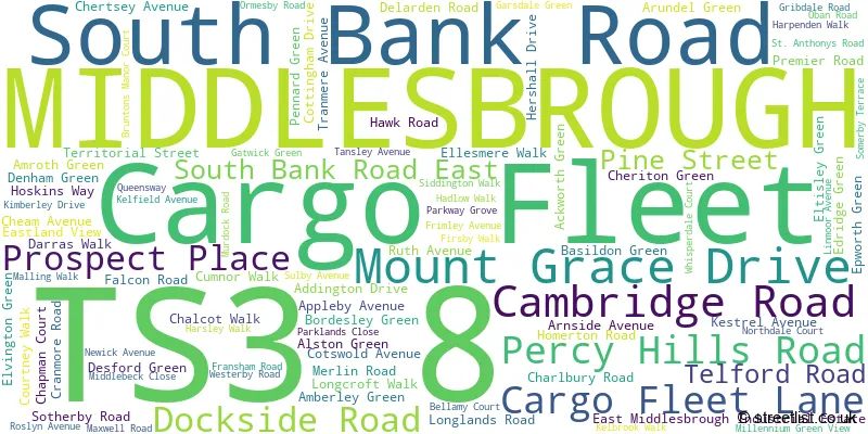 A word cloud for the TS3 8 postcode
